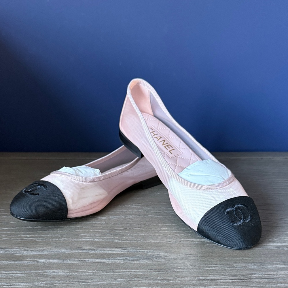 Chanel Mesh grosgrain CC Ballerina Flats size 37.5 pink/black